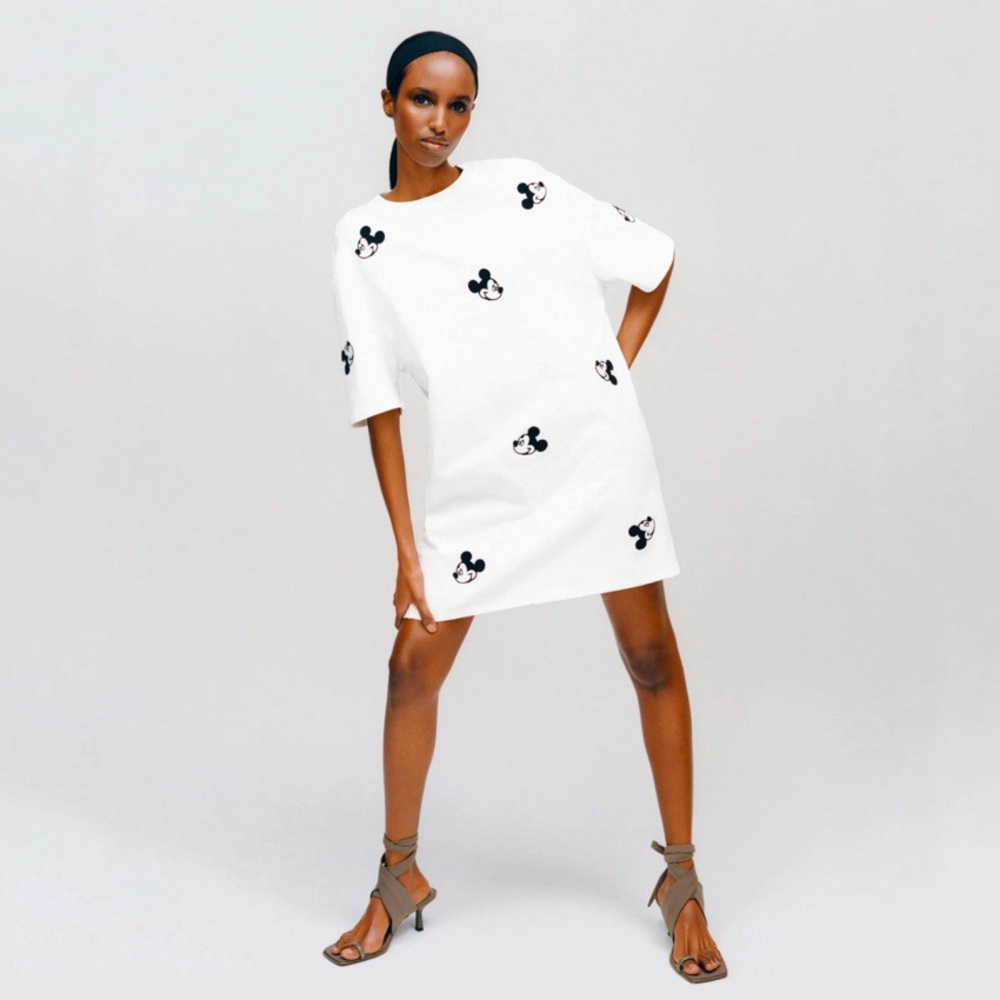 Zara White Mini Dress with Black Mickey Head Prints